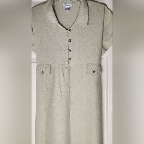 H Look M Gin Green 100% SILK  Buttons Polo Collar Shrtslv Belt Women Midi Dress - Picture 5 of 10
